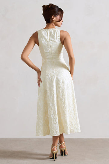 Mona Ecru Jacquard Plunge-Neck Button Midi Dress